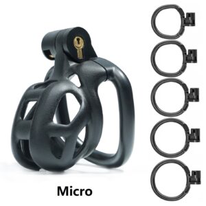 Male Chastity Cage with Lock & 5 Rings Resin Virginity for Men（Black）
